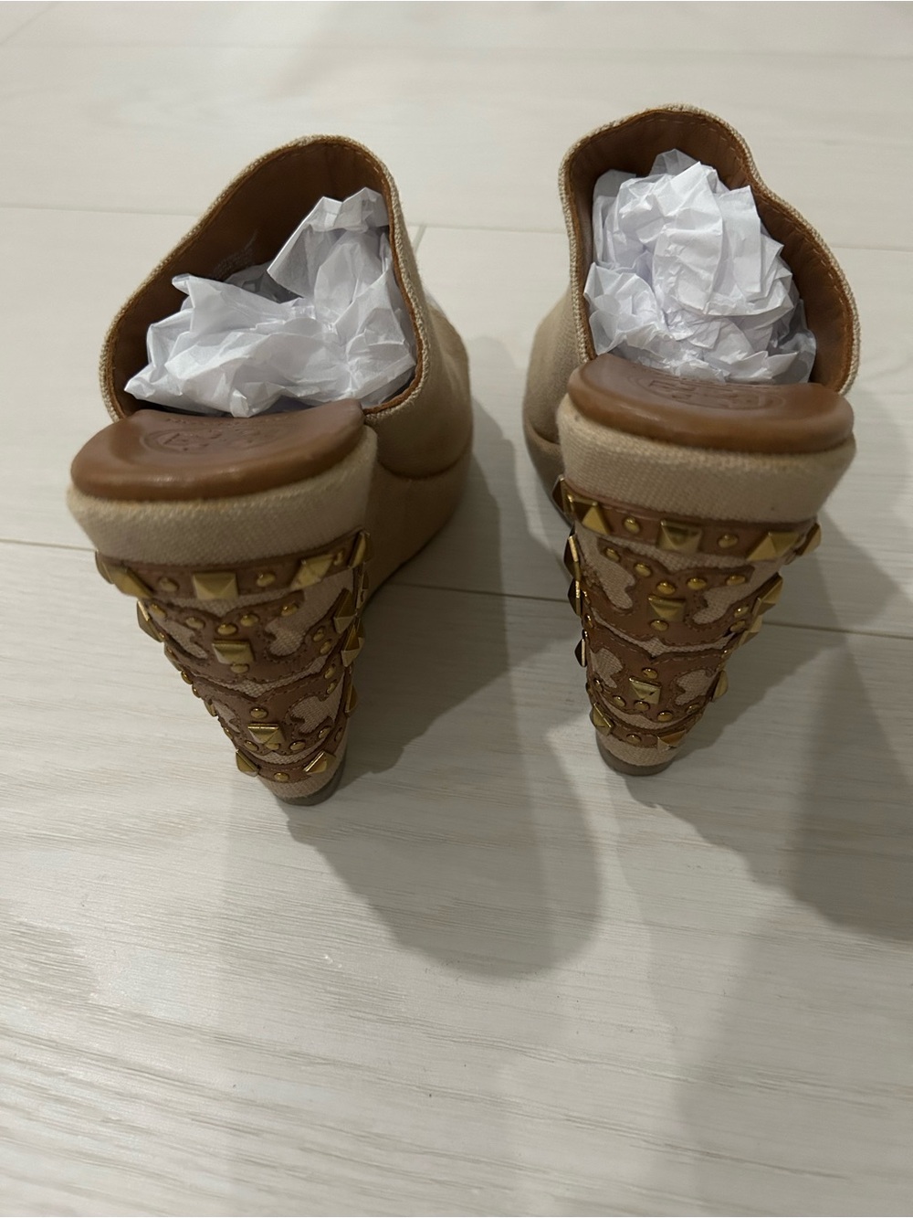 Tory Burch studded logo tan canvas wedges